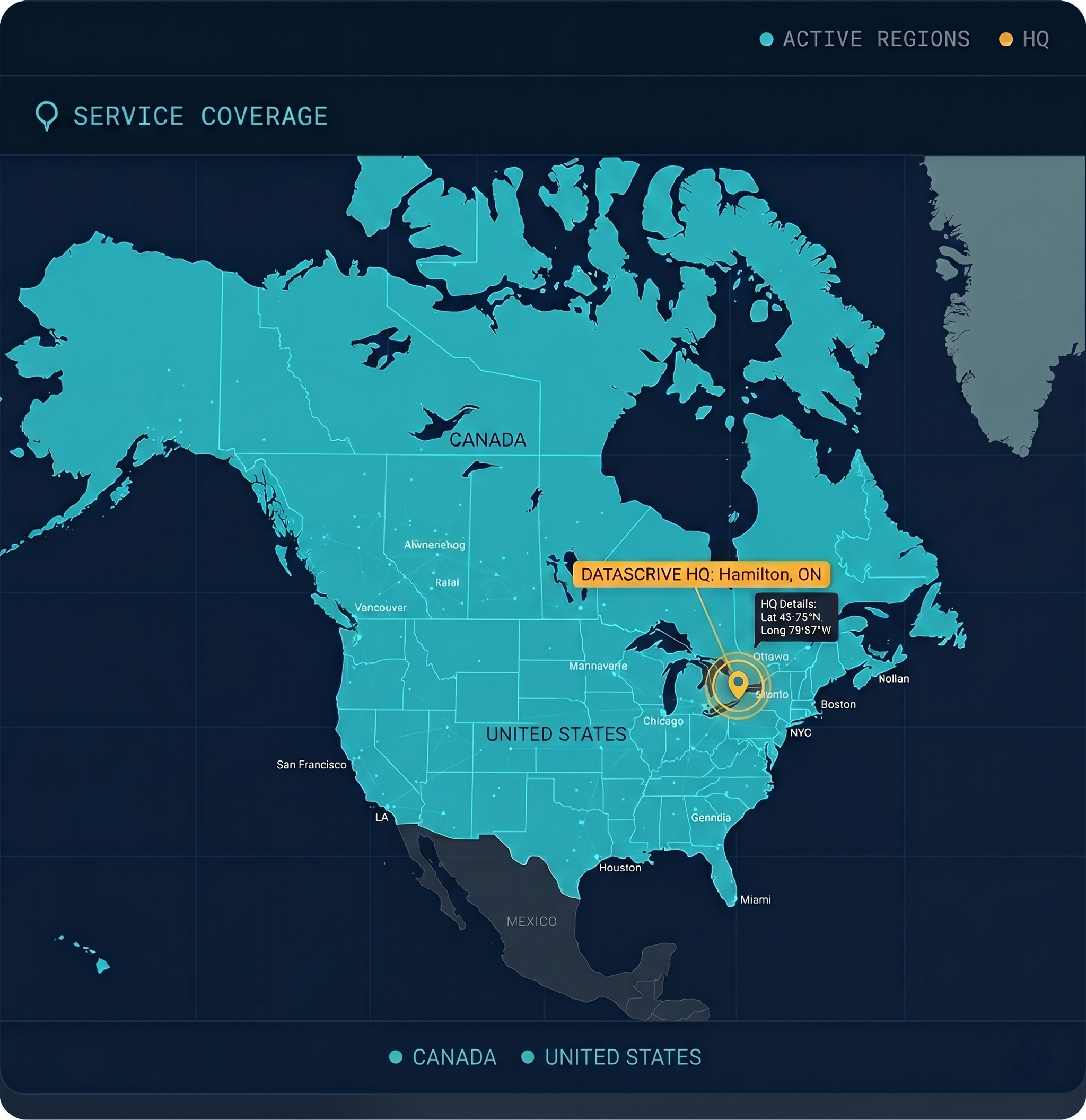 Service coverage map showing active regions across Canada, the United States, and Europe with HQ pin in Hamilton, Ontario.